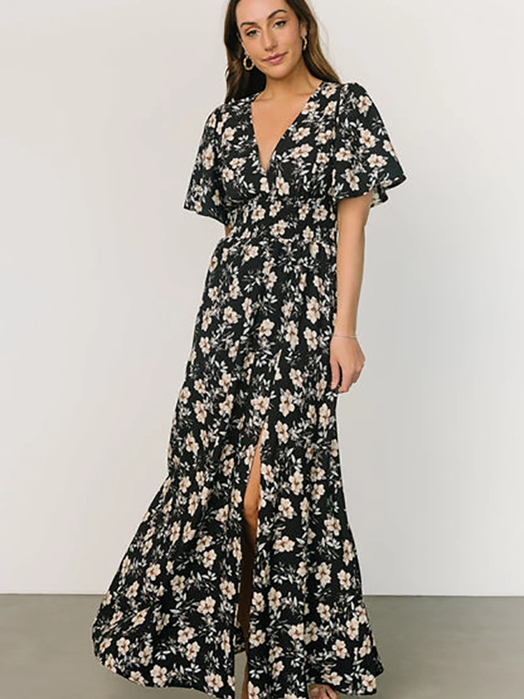 Floral Print Chiffon V-Neck Maxi Dress
