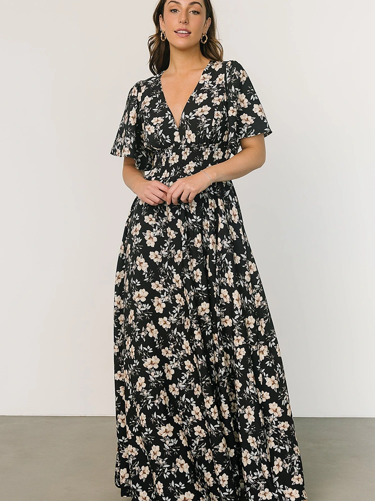 Floral Print Chiffon V-Neck Maxi Dress