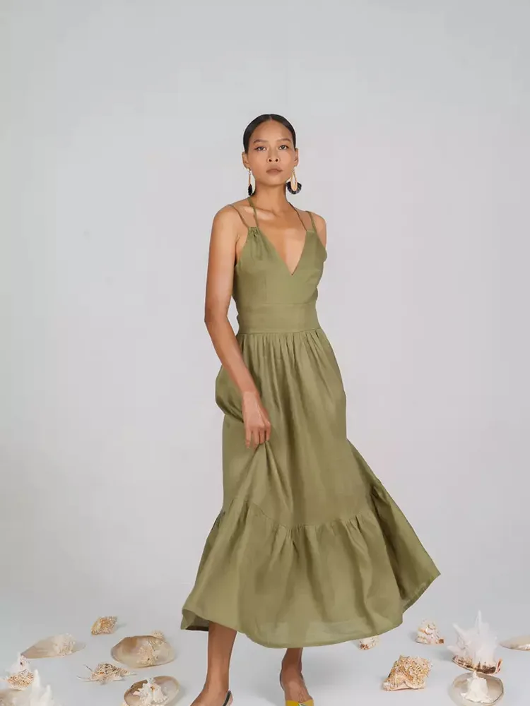 Lady Deep V Neck Long Casual Linen Dress