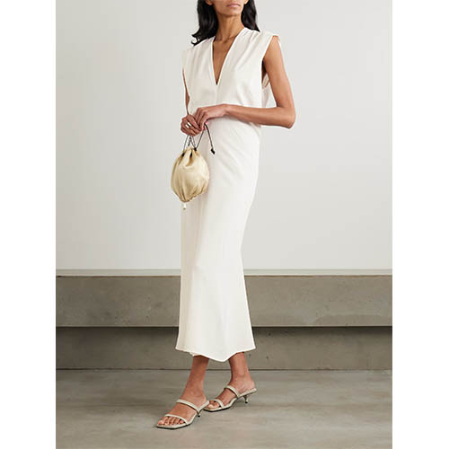 Προσαρμοσμένο αμάνικο φόρεμα από ιβουάρ βαθύ V Midi